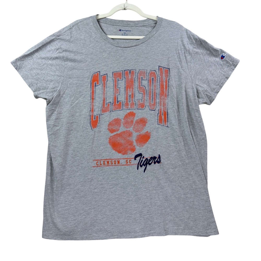 Womens 2XL Champion Clemson Tigers T-Shirt Gray Cotton Blend Embroidered Graphic